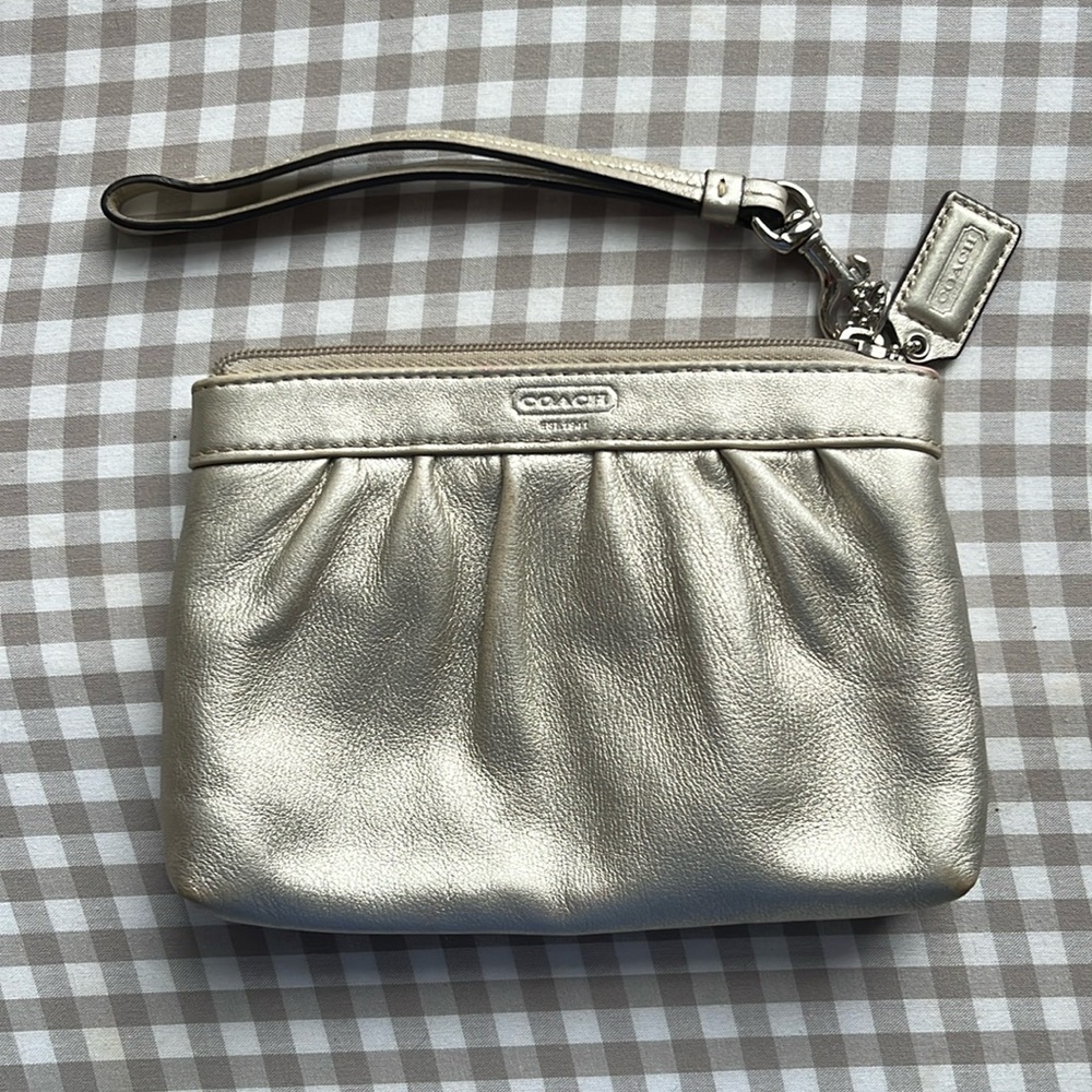 Coach Y2K metallic zipper wristlet silver champagne